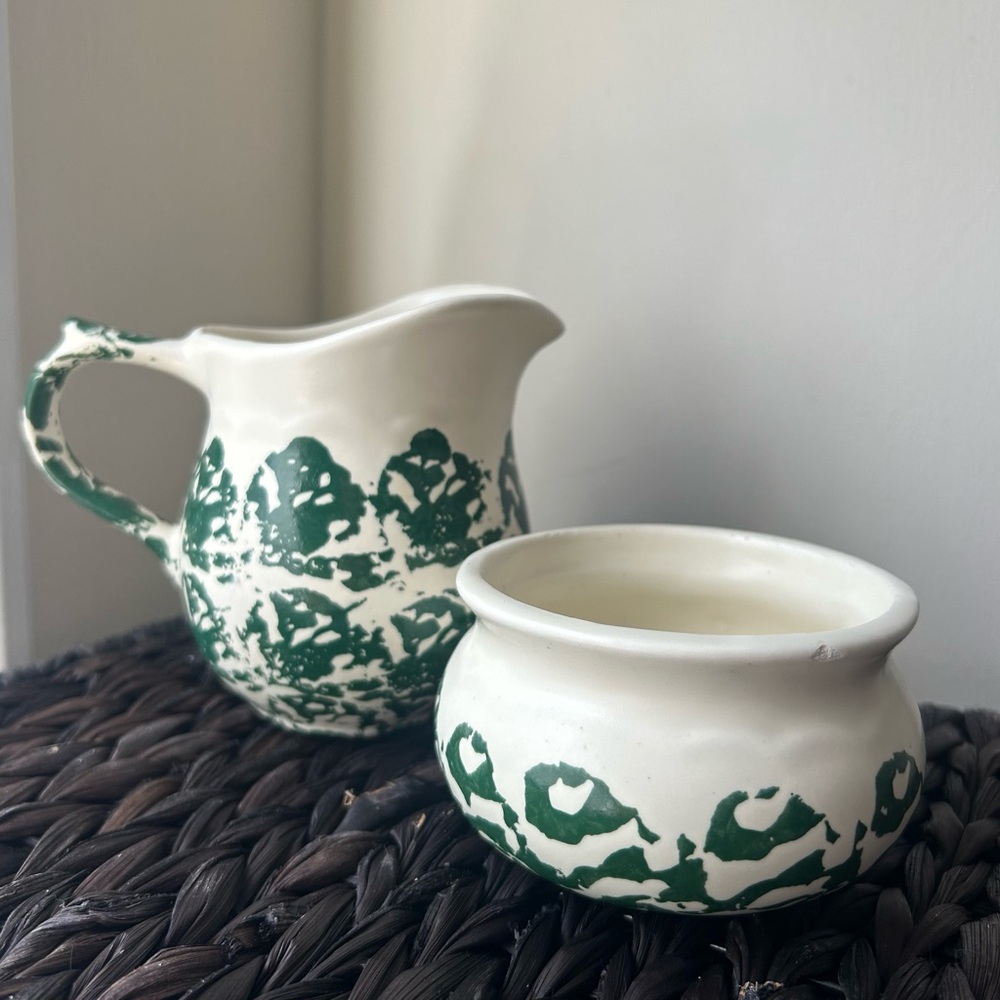 Vintage Green Spongeware Creamer & Sugar Bowl Set